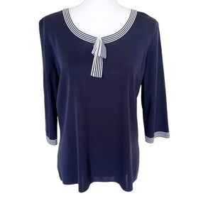 Exclusively Misook Blouse Medium Blue Knit Stripe Round Neck 3/4 Sleeve Designer